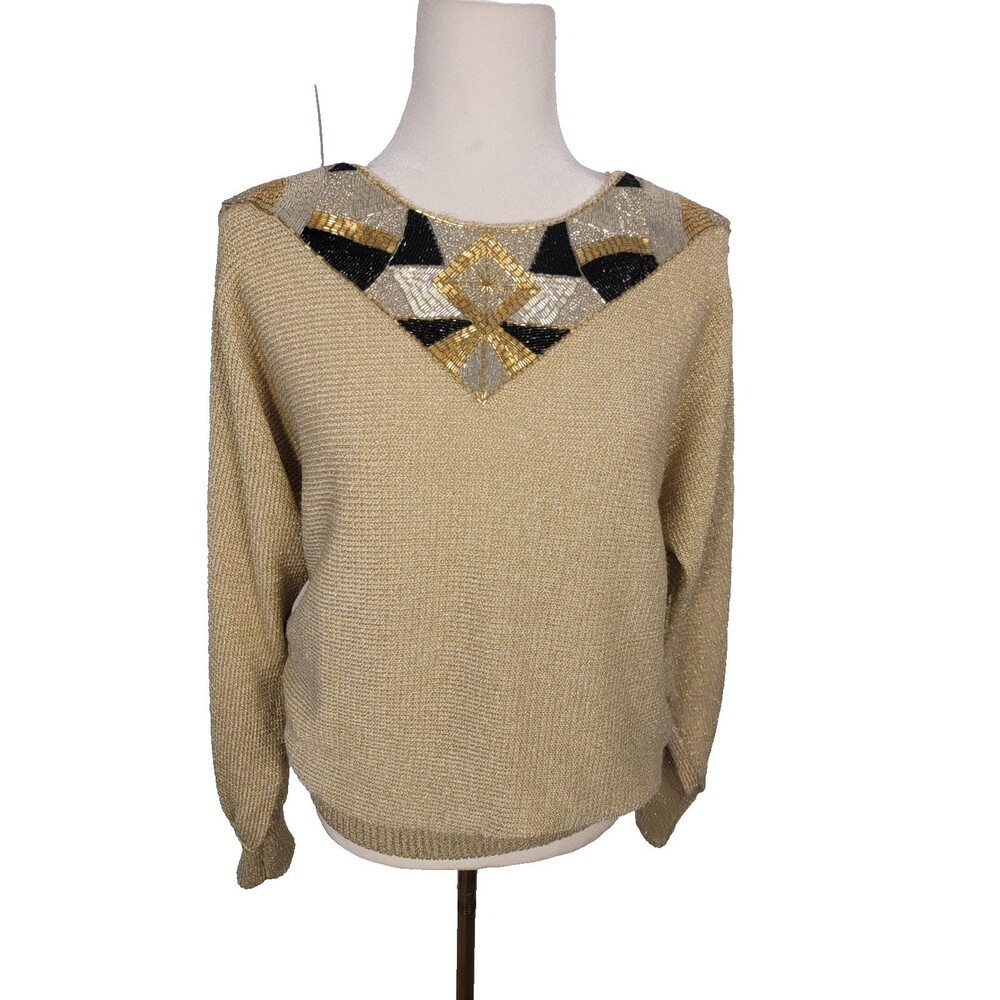 Vintage Lilly of California Beaded Collar Gold Sweater Womens Sz L Metallic